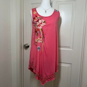 Vibrant Pink Embroidered Flower Johnny Was Tunic Tank Dress Sz S EUC